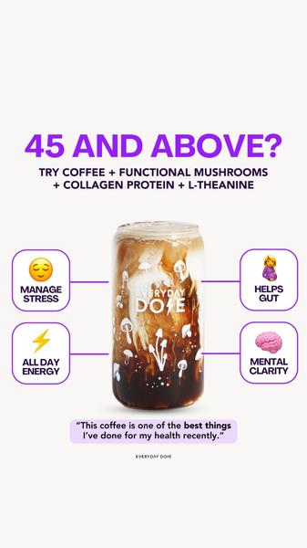 functional coffee, mushroom coffee, coffee blend, wellness coffee, health coffee, coffee supplement, enhanced coffee, product launch, social proof, minimalist, trustworthy, fresh, purple, neutral